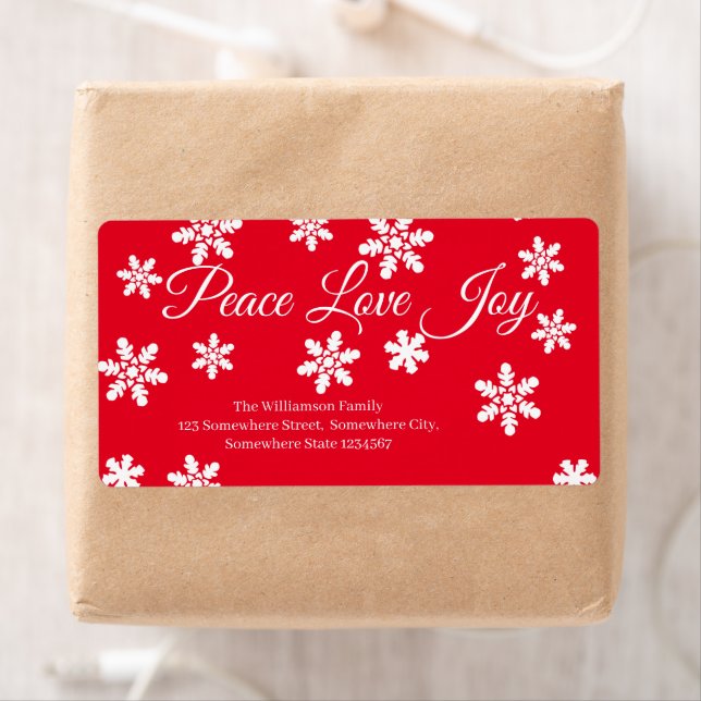 Étiquette Christmas Peace Love Joy White Snowflake Script (En situation)
