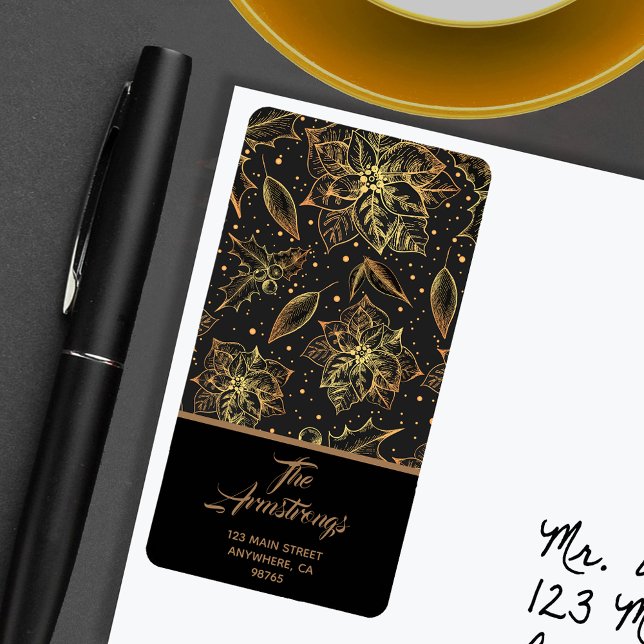Étiquette Christmas Poinsettia Floral Holiday Adresse (Gold Christmas poinsettias floral holiday return address labels)