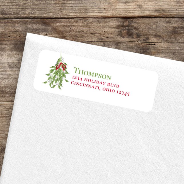 Étiquette Christmas Red and Green Mistletoe Adresse de retou (Merry mistletoe holiday return address label. )