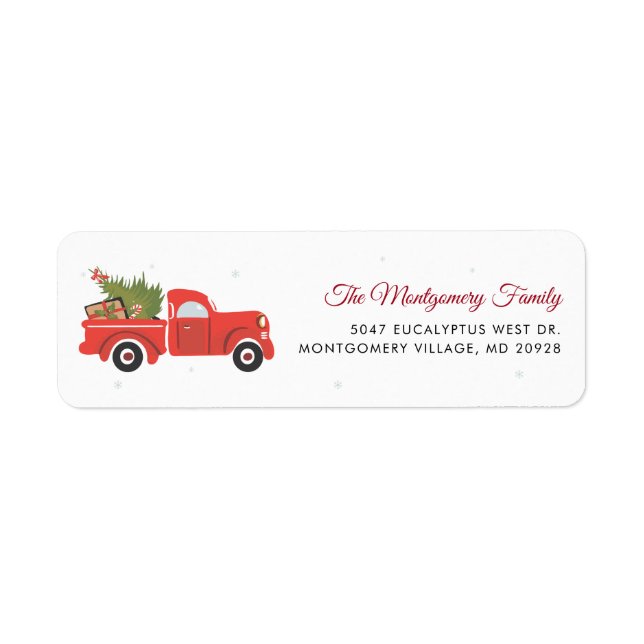 Étiquette Christmas Red Truck and Tree Script Return Adresse (Devant)