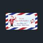 Étiquette Christmas Santa Air Mail Return Address Label<br><div class="desc">Christmas Santa Air Mail Return Address Label is a holiday product. It has dark blue and red stripes borders like some Air mail envelopes have. Santa Claus is on the left, standing on the snow, waving a candy cane and on the right, there is a cut Snowman. The text is...</div>