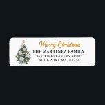 Étiquette Christmas Tree White Gold Retour Adresse<br><div class="desc">Un élégant arbre de Noël vert décoré de poinsettia blancs</div>