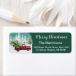 Étiquette Christmas Winter Red Truck Tree Adresse de retour<br><div class="desc">Juste une charmante petite scène de Noël — le camion rouge qui porte les arbres avec la neige tomber - personnalisez avec votre adresse, bien sûr - avec juste une touche de parties scintillant autour. Toute question ou demande de design par courriel : charmdesignstudio@rcn.com et nous serons heureux de vous...</div>