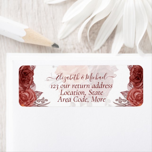 Étiquette Cinnamon Terracotta TOMBE Floral MARIAGE (En situation)