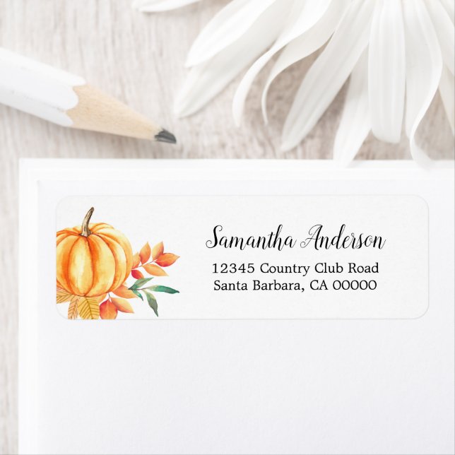 Étiquette Citrouille d'aquarelle Orange - Feuilles automnale (En situation)