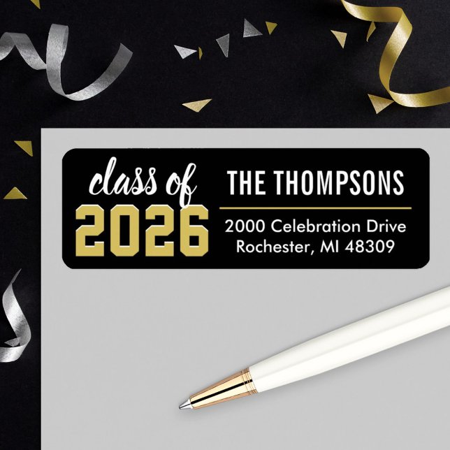 Étiquette Classe de 2023 Black Gold Graduation Return Adress (Créateur téléchargé)