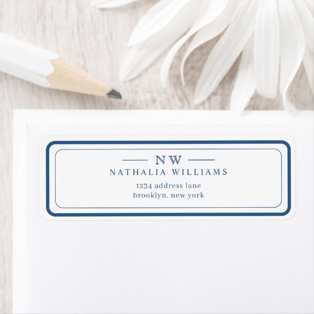 Étiquette Classic Navy Blue Two Border Monogram Lined (En situation)