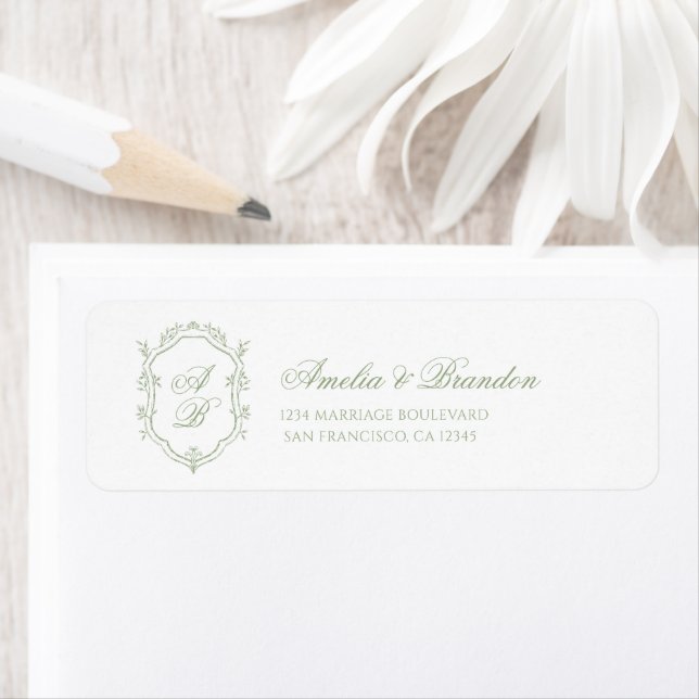 Étiquette Classic Sage Green Floral Monogram Crest Wedding (En situation)