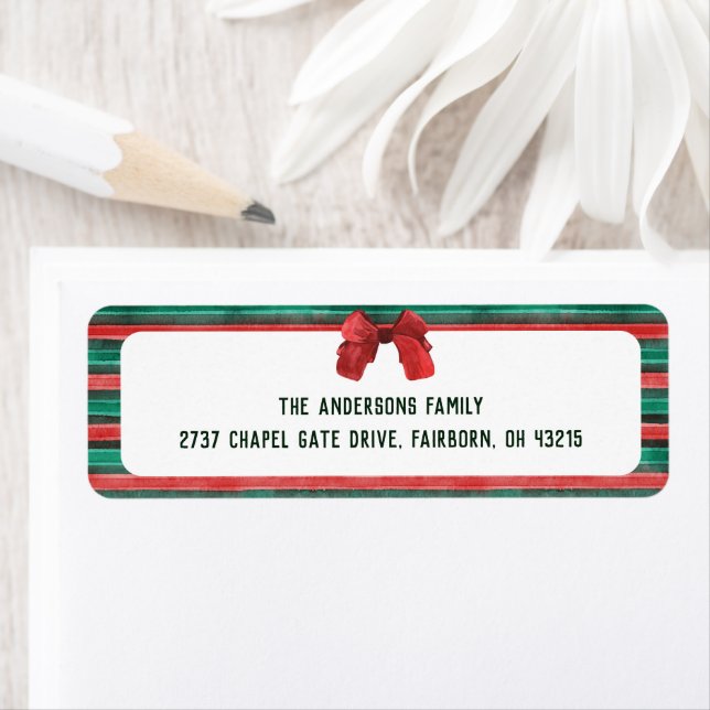Étiquette Classic Watercolor Red Bow & Stripes Christmas  (En situation)