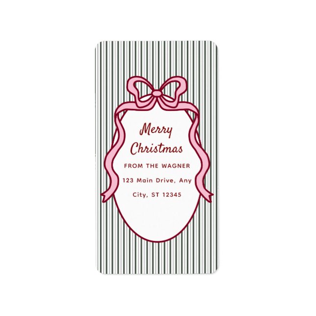 Étiquette Classique Noël rayures vert foncé et nœud rose (Devant)