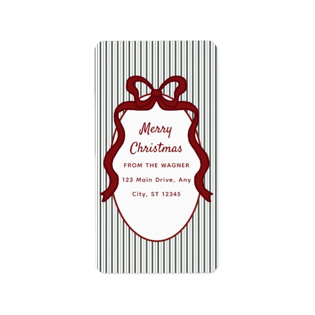 Étiquette Classique Noël rayures vert foncé et nœud rouge (Devant)
