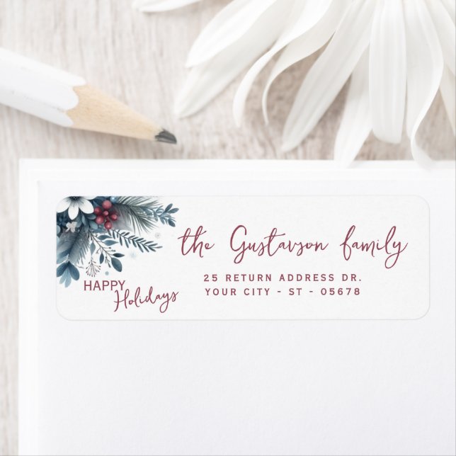 Étiquette Classy Dark Teal Blue Red Floral Holiday Wreath (En situation)