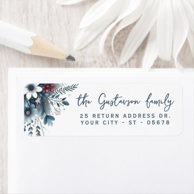 Étiquette Classy Dark Teal Blue Red Floral Holiday Wreath (En situation)