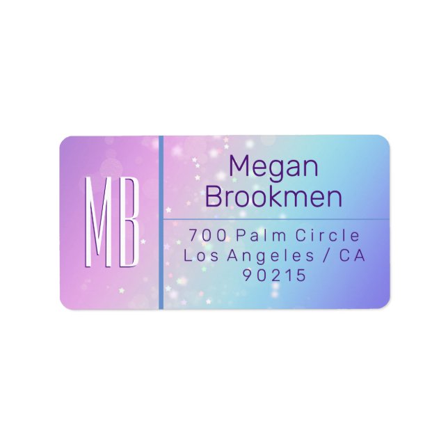 Étiquette Classy Purple & Blue Bokeh Star Monogram Adresse (Devant)