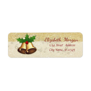 Étiquette Cloches de Noël Élégantes, Branches Holly, Glitter