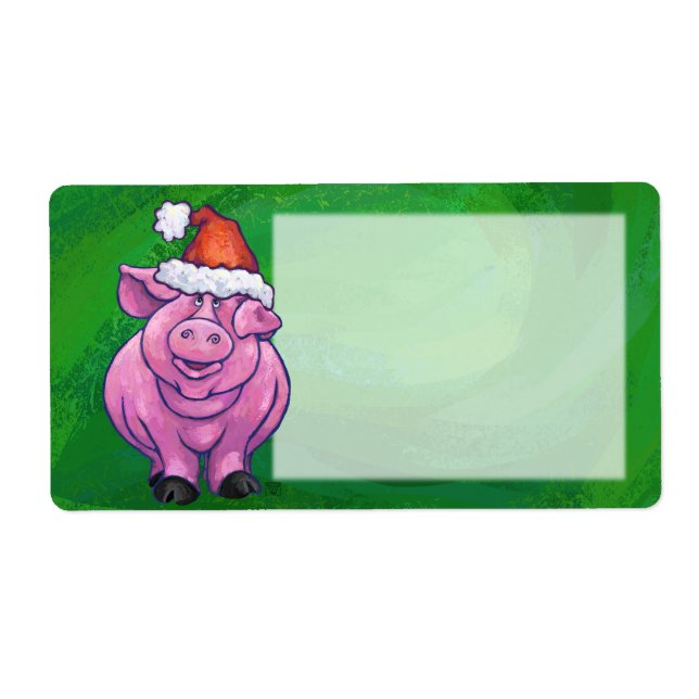Étiquette Cochon de Fête à Santa Hat sur Vert (Devant)