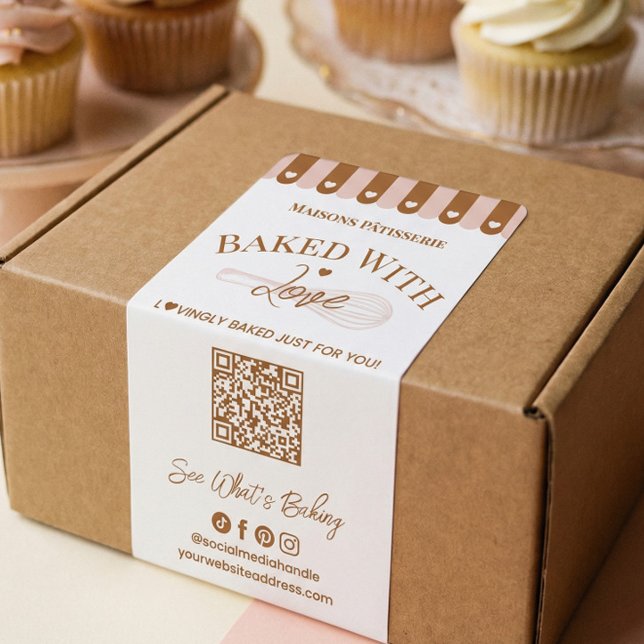 Étiquette Code QR Cuillère à Fouetter Dessinée à la Main Bou (Baked With Love Hand Drawn Whisk QR Code Bakery Label)