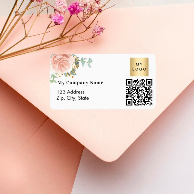 Étiquette Code QR rose logo commercial adresse de retour (Créateur téléchargé)