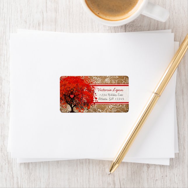 Étiquette Coeur blanc mignon Pointé Arbre rouge Pointe rose (En situation)