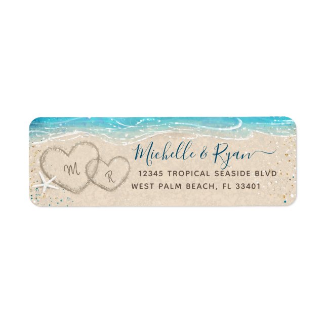 Étiquette Cœurs dans le sable Aquarelle plage Adresse de ret (Devant)