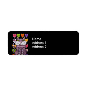 Étiquette Coeurs de bonbons colorés Joyeux chat violet noir