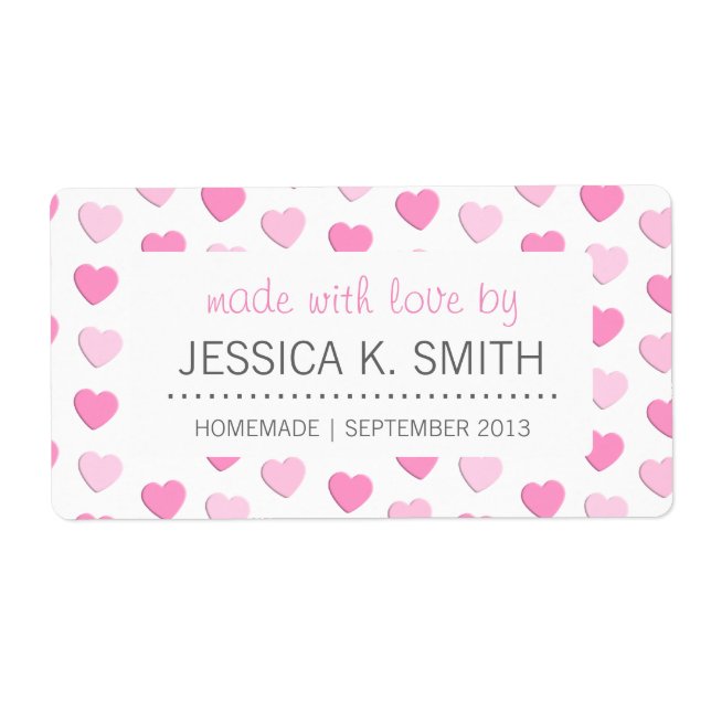 Étiquette Coeurs roses faits avec amour Confiture maison (Devant)
