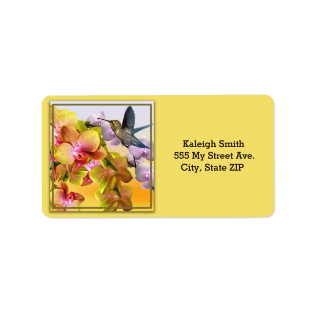 Étiquette Colibri sur lilas et orchidées sur fond jaune (Devant)