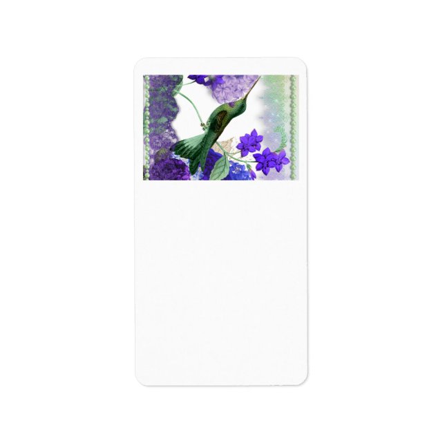 Étiquette Colibri vert avec fleurs, dentelle, perles (Devant)