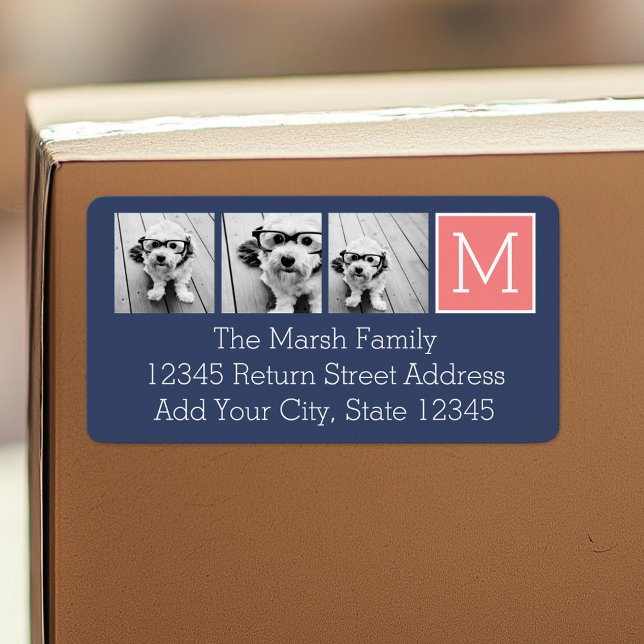 Étiquette Collage photo marine et corail Monogramme personna (Personalized return address label)