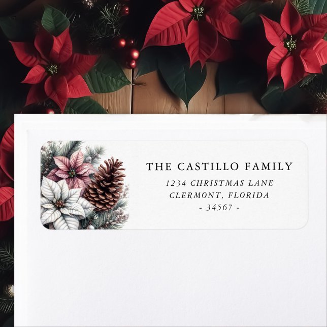 Étiquette Cône de pin rustique et Poinsettia (Créateur téléchargé)