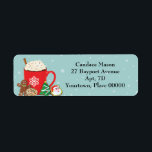 Étiquette Cookies et Cocoa Christmas Holiday Return Address<br><div class="desc">Chaud up with a mug of hot cocoa and Christmas cookies. A snow speckled blue background shows off the red mug topped with a cinnamon stick and whipped cream. Christmas cookies are laid out around the mug. Great for the cocoa lover to use on holiday ou Christmas cards and correspondance....</div>