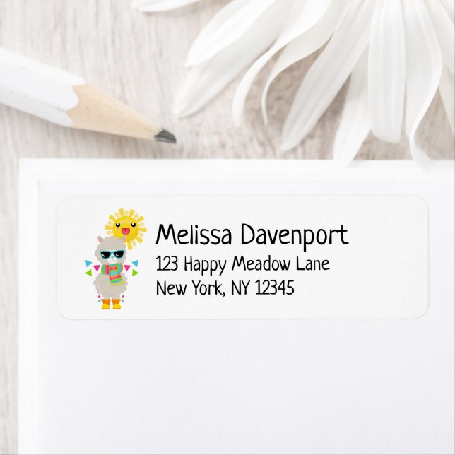 Étiquette Cool Llama et souriant Kawaii Sun (En situation)