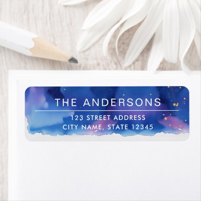 Étiquette Cool Moderne Bleu Minimal Étoiles Nuit Aquarelle (En situation)