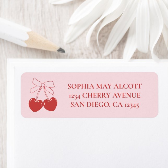 Étiquette Coquette Rose et Rouge Nœud de Cerise Adresse de R (En situation)