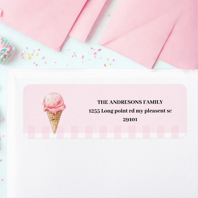 Étiquette Cornet de glace Sweet Gingham rose Anniversaire  (Créateur téléchargé)