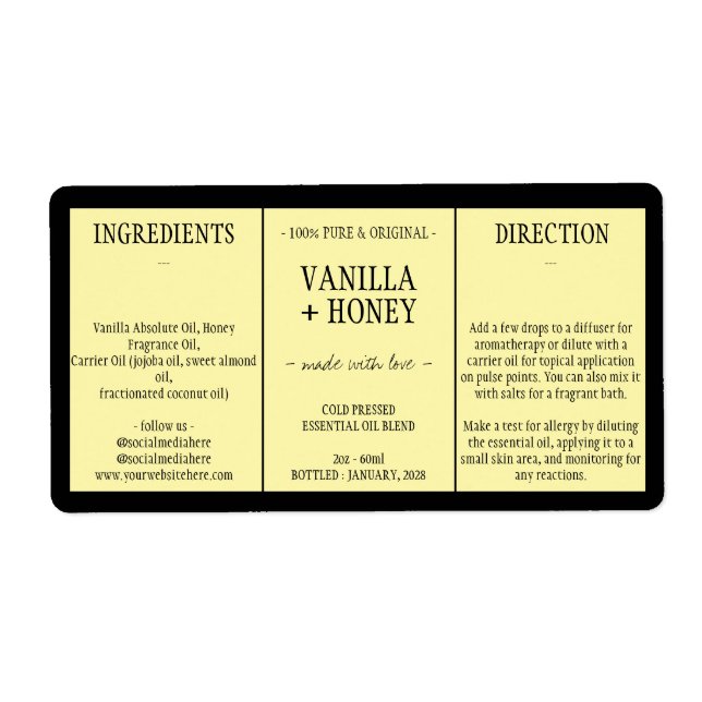 Étiquette Cosmétique Vanille Honey Ingrédients jaune (Devant)