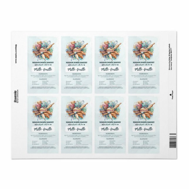 Étiquette Cottage Food Law Bakery Pastry Ingredient Allergen (Feuille entière)