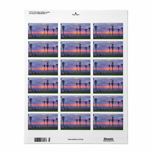 Étiquette Coucher de soleil sur la plage violette  (Feuille entière)
