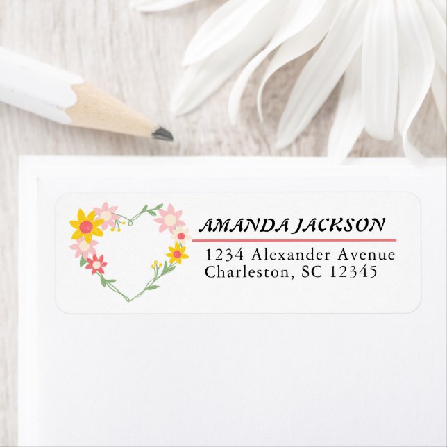 Étiquette Couleur d'eau Fleurs autour forme du coeur (En situation)