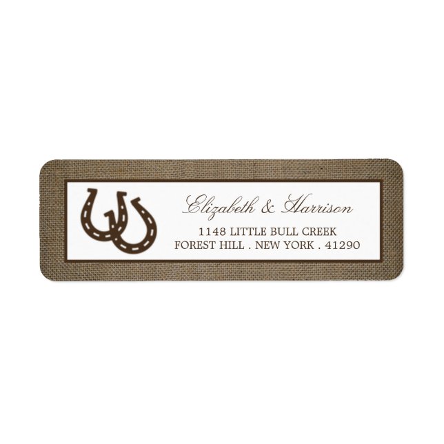 Étiquette Country Rustic Horseshoe Sur Burlap Mariage (Devant)