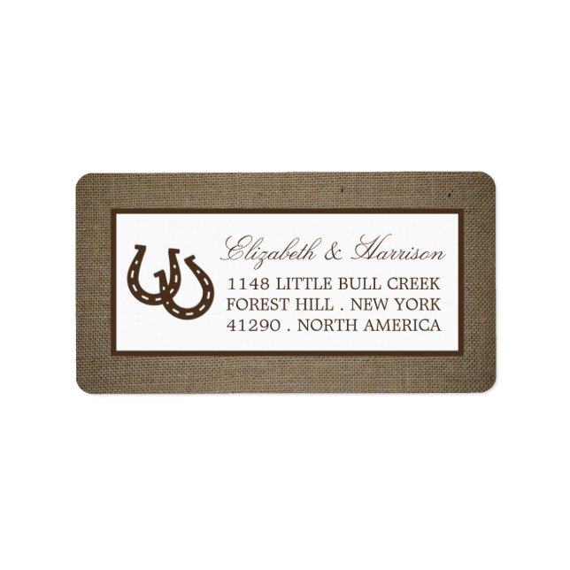 Étiquette Country Rustic Horseshoe Sur Burlap Mariage (Devant)