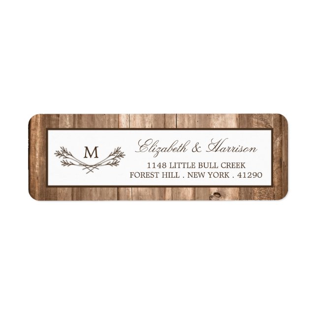 Étiquette Country Rustic Monogram Branche & Mariage bois (Devant)