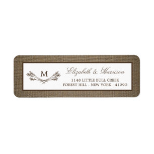 Étiquette Country Rustic Monogramme Branche & Mariage Burlap