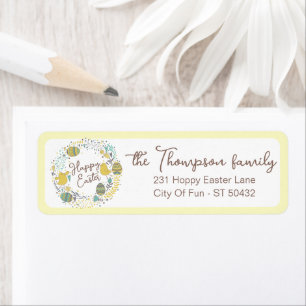 Étiquette Couronne colorée d'oeufs de Joyful Chicks et salut