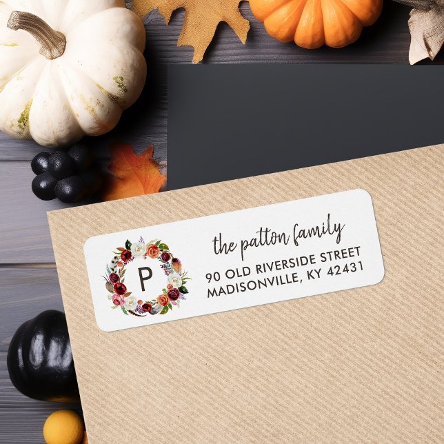 Étiquette Couronne de fleurs bohème d'automne avec monogramm (Créateur téléchargé)