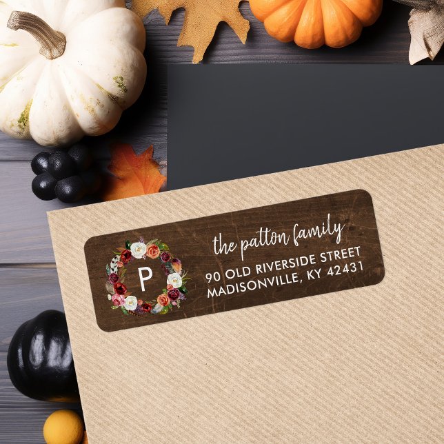 Étiquette Couronne de fleurs Boho d'automne avec monogramme  (Créateur téléchargé)