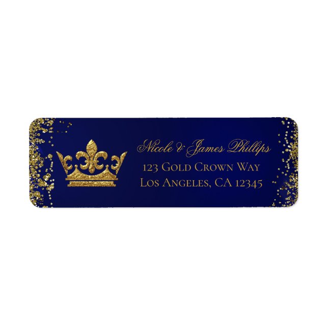 Étiquette Couronne de mariage anniversaire bleu royal et or  (Devant)