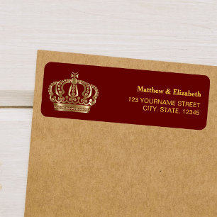 Étiquette Couronne de mariage ornée rouge or élégante