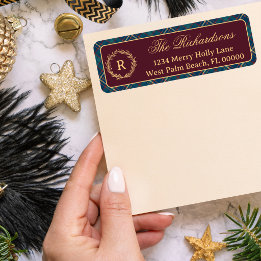 Étiquette Couronne de monogramme classique Noël plaid bordea