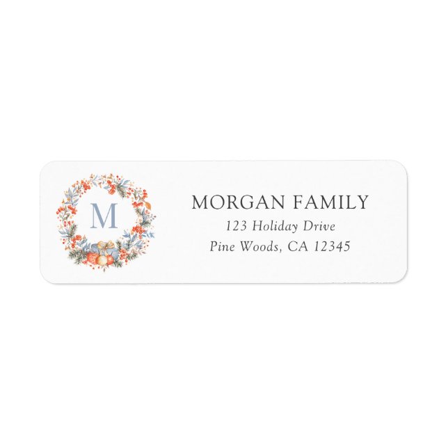 Étiquette Couronne de monogramme de Noël élégante pour adres (Devant)